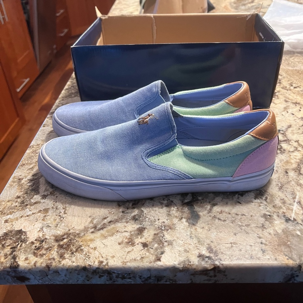 Blue, green and pink polo slip on shoes